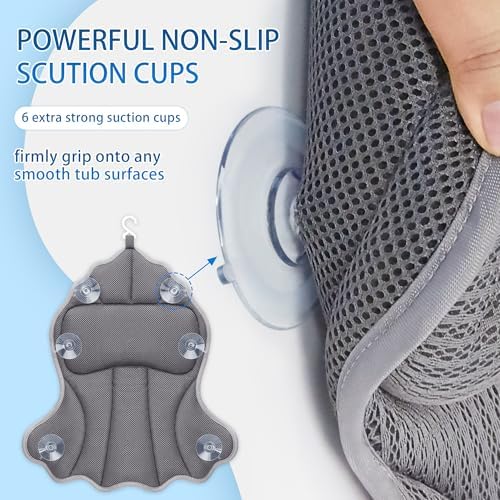 Bath Pillows for Tub, Luxury Bath Pillow Soft 4d Mesh, Bathtub Pillow with 6 Suction Cups, Ergonomic Bath Tub Pillows for Head and Neck, Bath Accessories for Women Relaxation Gifts (Grey)