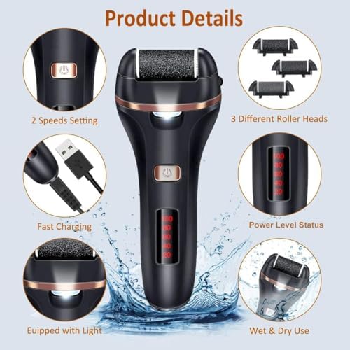 Electric Callus Remover for Feet,Rechargeable Foot File Hard Skin Remover,Waterproof 14 in1 Professional Pedicure Kit for Cracked Heels &Dead Skin,with 9 Roller Heads 2 Speed