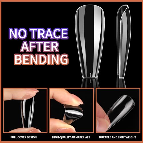 Teenitor Clear Coffin Nail Tips Set, Long Acrylic Nail Kit Full Cover Clear Press On Nails, 600 Pcs Fake Nails with Glue, Acrylic Nail Clipper Files and Buffer Polisher