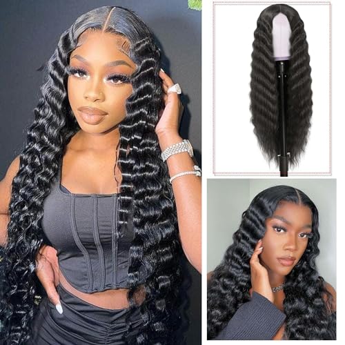 30 Inch Synthetic Curly Wigs for Women Long Black Hair Wig Lace Front 4" Simulated Scalp Natural Loose Deep Wave Crimps Curls Wig As Hair Replacement Wigs 1B