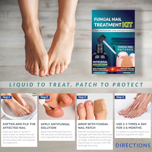 Toenail Treatment Liquid and Patches: Fast Acting Kit for Nail Repair - Extra Strength Solution for Damaged Thick Discolored Cracked Nails - Overnight Toe Finger Nail Renewal Patch