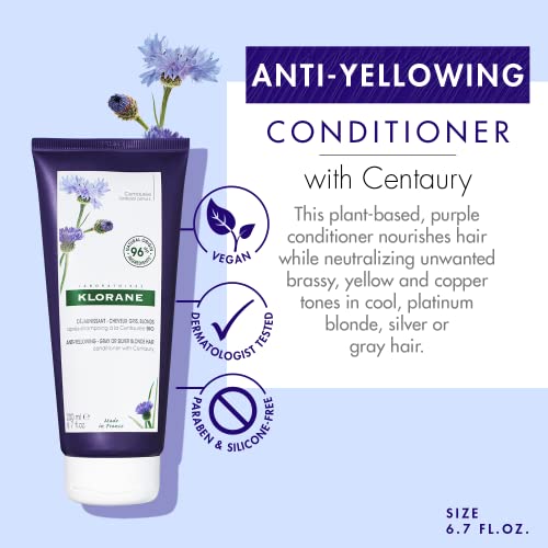 Klorane Plant-Based Purple Conditioner with Centaury, Brightens Blonde, Gray or White Hair, Neutralizes Unwanted Yellow and Copper Tones, Paraben, Silicone and Sulfate Free, 6.7 fl.oz.