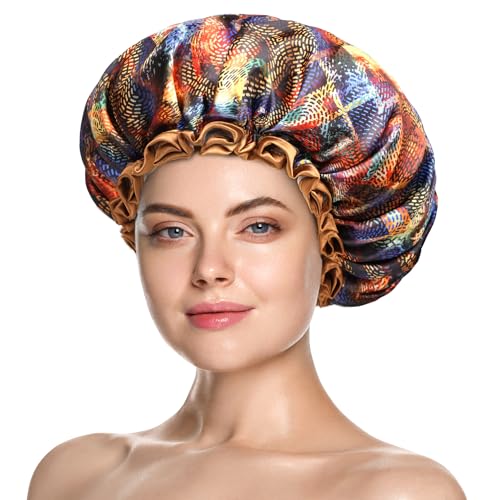 mikimini Large Shower Cap for Women Long Hair,2PCS,Mystery Shower Caps with Brown Lace, Reusable Waterproof Bathing Shower Hat