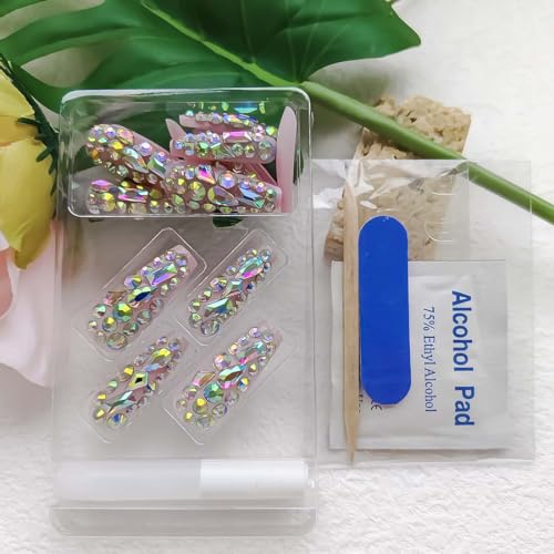 Luxurious 3D Crystal Press on Nails Long Coffin False Nails with Nail Glue Fake Nails With Rhinestones Designs Salon DIY Manicure Reusable Fake Acrylic Diamonds Nail Art Tips Gifts for Women 24Pcs