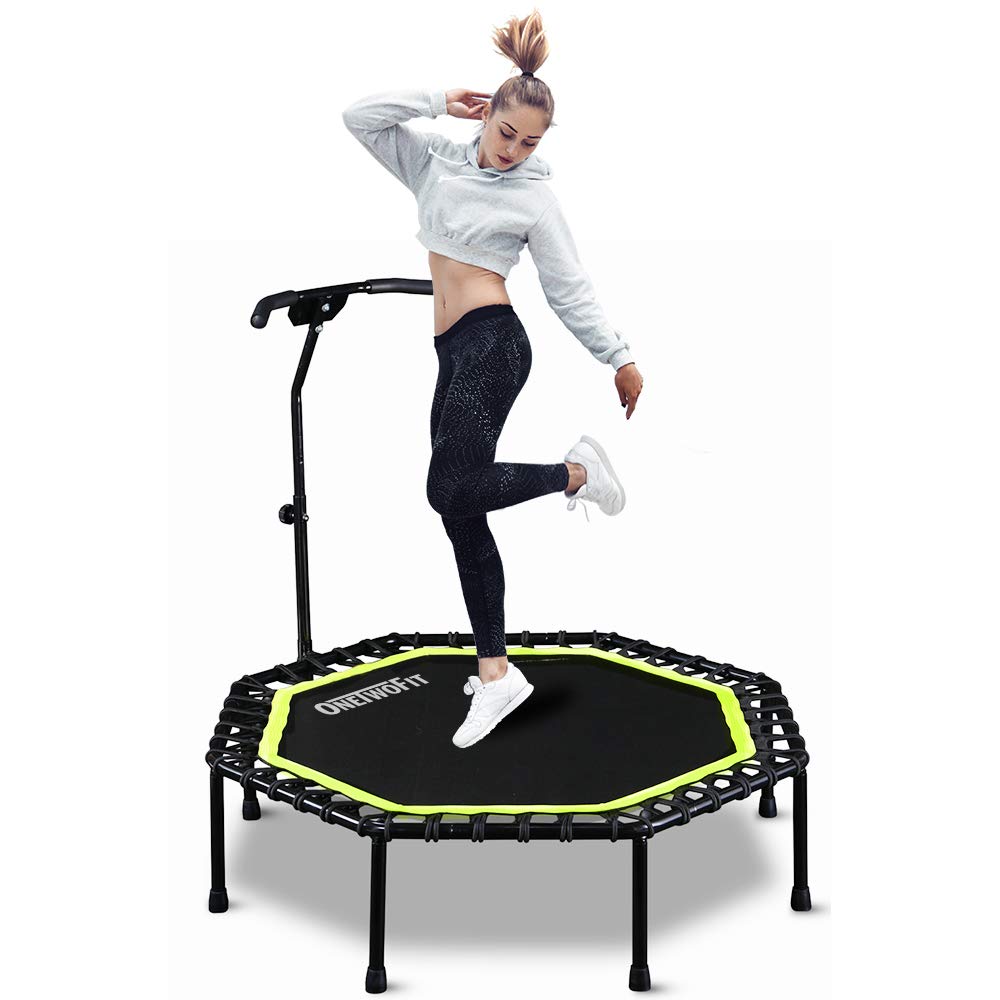 ONETWOFIT 51" Silent Trampoline with Adjustable Handle Bar, Fitness Trampoline Bungee Rebounder Jumping Cardio Trainer Workout for Adults…