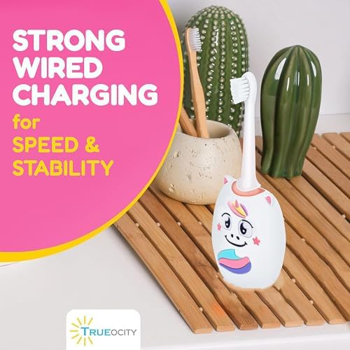 Trueocity Kids U Shape Toothbrush Auto Electric Toddler Rechargeable Kids Automatic Toothbrush | 360° U-Shaped Silicone Brush Head | Gentle Cleaning for Ages 2–7 | Unicorn Design (Pink)