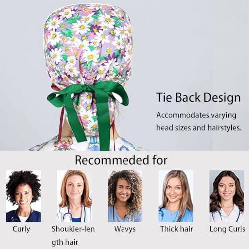 6Pcs Satin Lined Scrub Caps Women, Adjustable Surgical Caps for Women, Nurse Caps for Women Men with Button and Sweatband