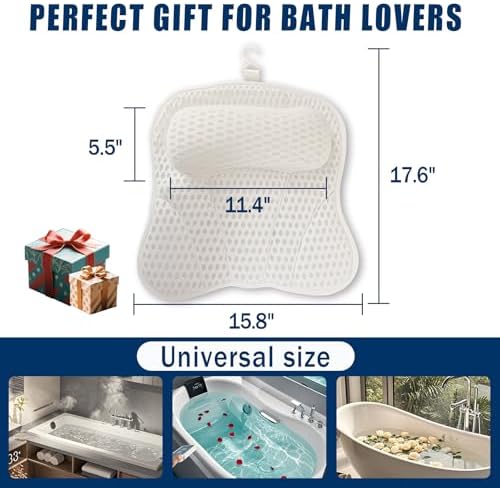 Bath Pillow Bathtub Pillow, Thick Padded Ergonomic Bathtub Headrest for Tub Neck and Back Support with Soft 4D Mesh Fabric and Six Non-Slip Suction Cups, Bath Pillows for Bath Accessories