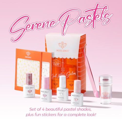modelones Gel Nail Polish Kit French Jelly Pink White Sheer Nude Gel Polish Set with French Tip Stamp Tool & Silver Gold Stickers, 4 Colors Gel Mini Salon Home DIY Trend Manicure Gift for Women