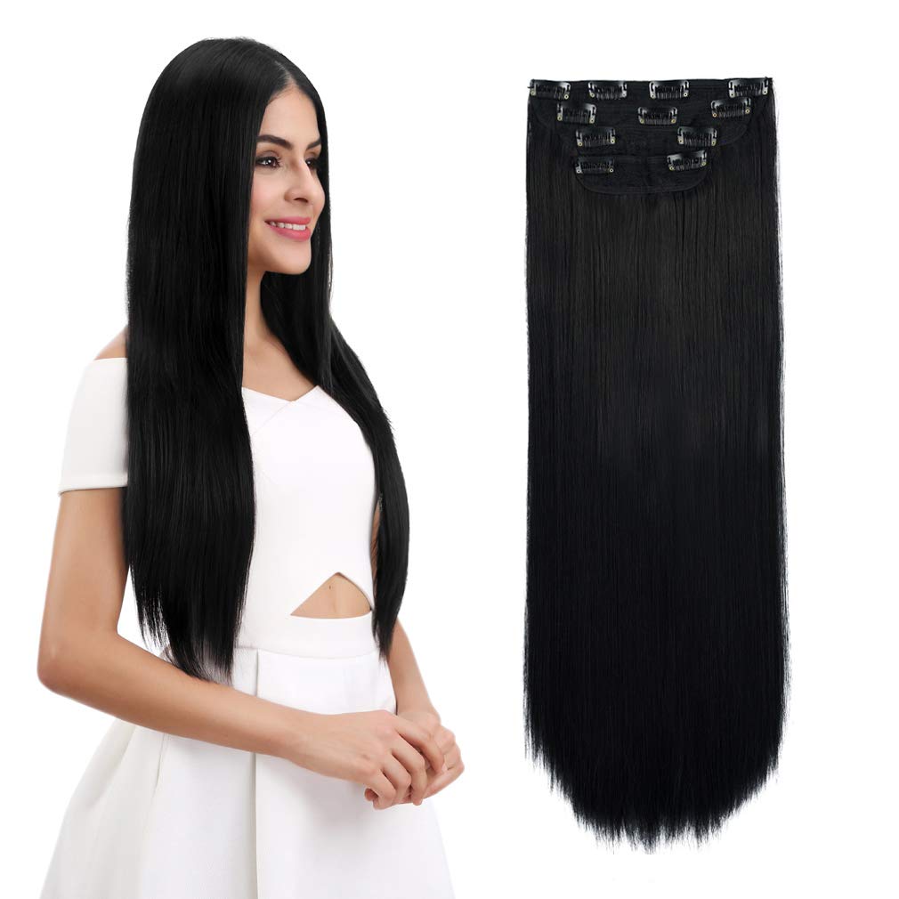Reecho 26'' Straight Super Long 4 Pcs Set Thick Clip In On Hair Extensions Natural Black