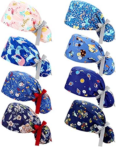 8 Pieces Scrub Caps with Buttons Bouffant Hats with Sweatband Adjustable Ponytail Holder for Women