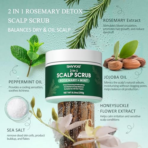 SHVYOG Scalp & Body Scrub, Rosemary Exfoliator Scrub Shampoo with Peppermint & Sea Salt, Anti-Dandruff Detox Clarifying Exfoliator for Build Up, Itchy Scalp, Oily & Dry Hair with Scalp Massager
