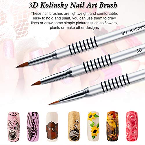 Patelai 3 Pcs Kolinsky 3D Nail Art Brush Set Size 2/4/5 Acrylic Nail Art Brush with Silver Metal Nonslip Grip Handle Polish Cleaning Manicure Tools for Women Acrylic Sculpture Application