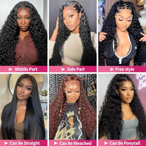 30 Inch 13x6 Lace Front Wigs Human Hair Water Wave 200 Density 13x6 HD Full Lace Frontal Wigs Pre Plucked Wet and Wavy Glueless Deep Curly Human Hair Wigs for Women Natural Black