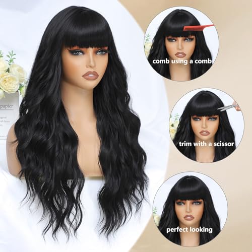 Black Wig with Bangs for Women Long Black Wavy Wigs 26 Inch Natural Black Wigs Natural Looking Heat Resistant Synthetic Wig for Daily Party Use