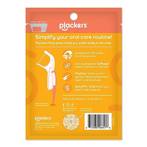 Plackers Orthopick Floss Picks, Unflavored, Designed for Braces, Fold-Out FlipPick, Tuffloss, Easy Storage with Sure-Zip Seal, 36 Count (4 Pack)