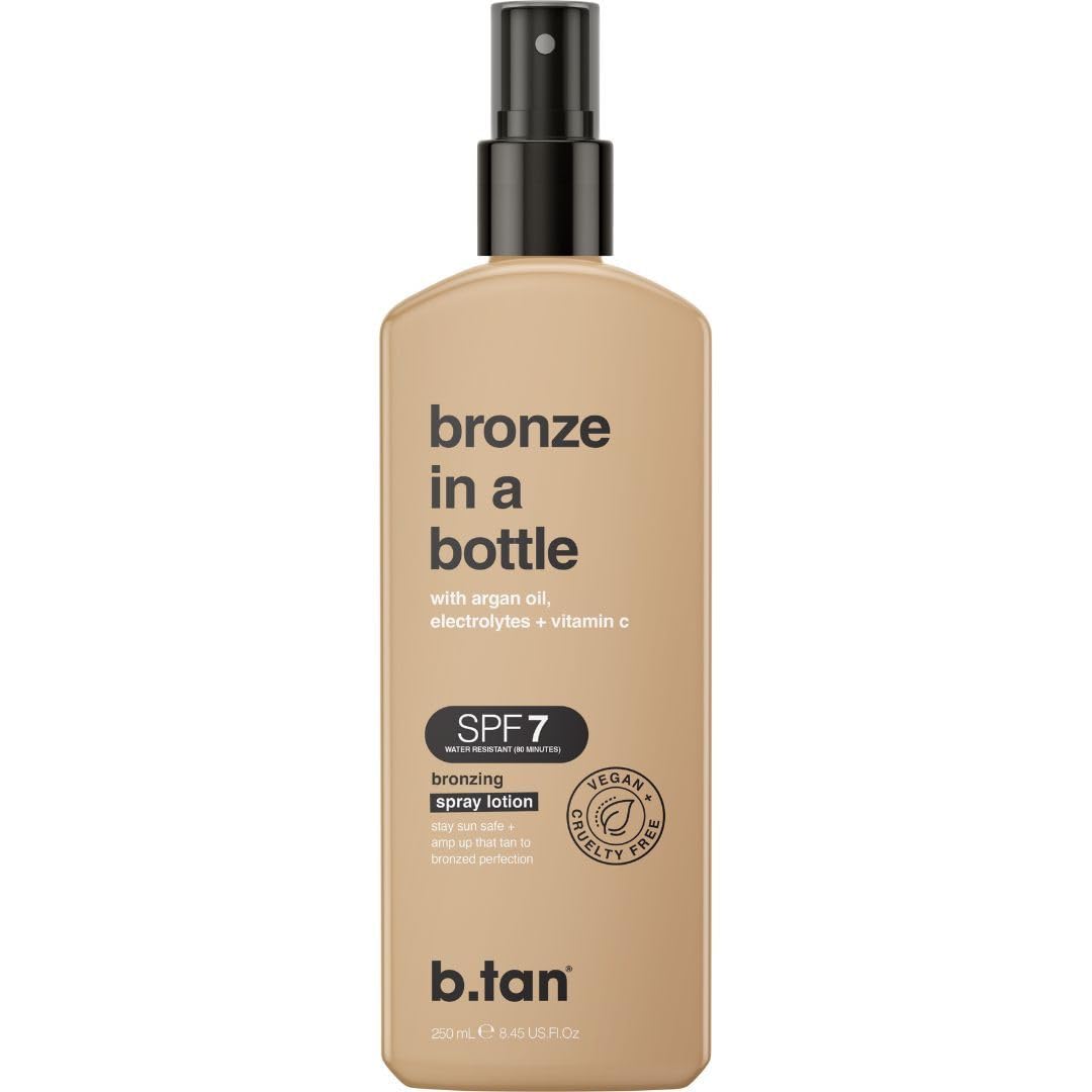 b.tan SPF 7 Sun Tanning Lotion Spray | Bronze In a Bottle - Best Tan Intensifier, Browning Outdoor Bronzing Accelerator, Packed with Argan Oil, Electrolytes, & Vitamin C, Austrailian Brand, 8.45 Fl Oz