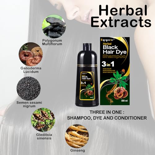 Black Hair Dye Shampoo 3 in 1, Natural Dye to Cover Gray Hairs,Hair Color Shampoo for Women and Men,Herbal Ingredient Shampoos for Grey Hairs Coverage-500ml/17 Oz