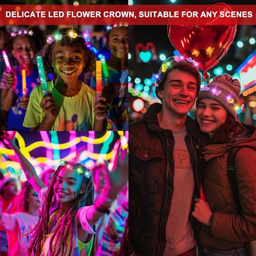 30 Pcs LED Flower Crown Headband,led Headbands,Light Up Flower Headbands for Women,Garlands Glowing Floral Wreath Crowns for Weddings,Halloween,Birthdays,Role-Playing,Beach Parties，Christmas