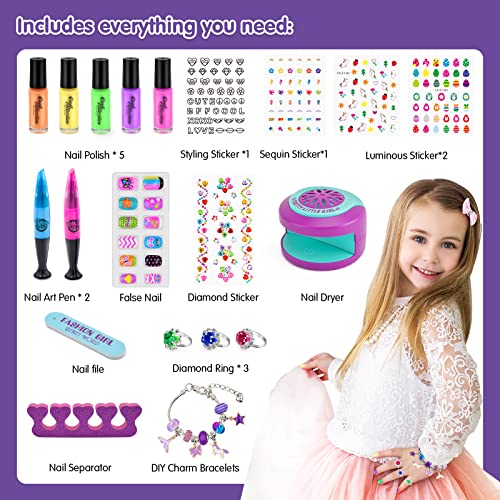BATTOP Kids Nail Polish Set for Girls - Nail Art Kit for Girls Ages 7-12 with Kids Nail Dryer & Fake Nail & Nail Sticker & Water Based Nail Polish Nail Art Pen - Toys Gifts for Girls Ages 6-12