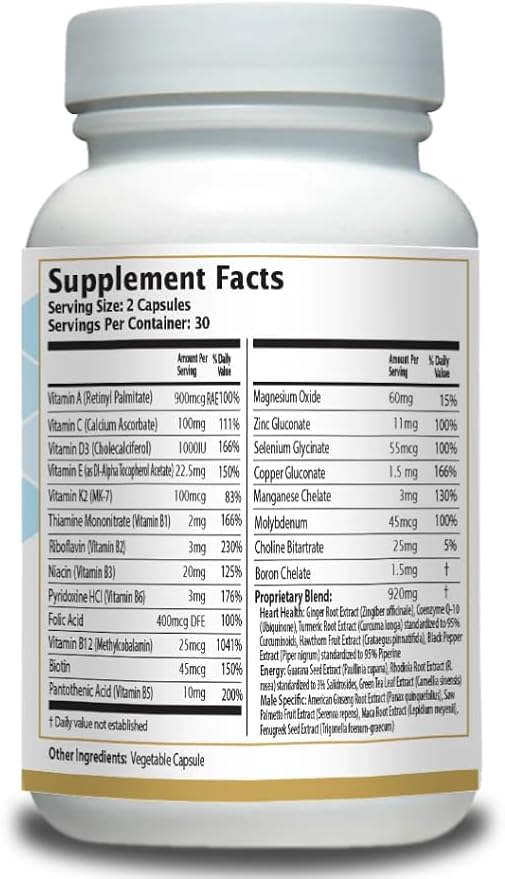 Men’s Multivitamin Supplement – Daily Energy, Immune & Heart Support – with Zinc, Magnesium, B12, CoQ10, Turmeric, Ginseng & More – 60 Vegetable Capsules – AnuMed