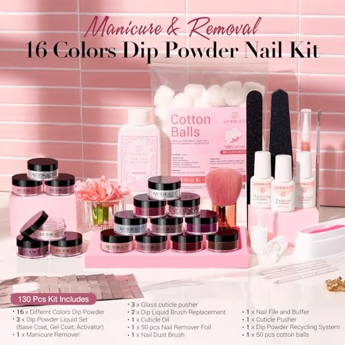 AZUREBEAUTY Dip Powder Nail Kit 16 Colors Glitter Pink with Top/Base Coat Activator Nail Remover Professional Dip Powder Liquid Set for Home Salon Gifts