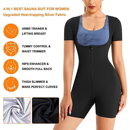 URSEXYLY Sauna Suit for Women Sweat Vest Waist Trainer 3 in 1 Slimming Full Body Shaper Workout Top with Sleeve Shorts (Black, Small)