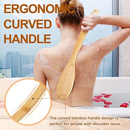 Exfoliating Back Scrubber for Shower with Curved Long Handle, 16.7 Inches Bamboo Body Brush with Natural Bristles for Wet or Dry Brushing, Body Exfoliator Back Washer Bath Tool for Men & Women
