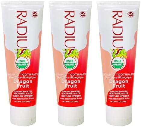 RADIUS USDA Organic Kids Toothpaste 3oz Non Toxic Chemical-Free Gluten-Free Designed to Improve Gum Health for Children's 6 Months and Up - Dragon Fruit - Pack of 3