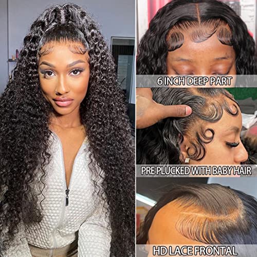 13x6 Deep Wave Lace Front Wigs Human Hair Wigs HD Transparent Deep Curly Lace Frontal Glueless Wigs Human Hair Lace Front Wigs Pre Plucked 200% Density Natural Black 24 Inch