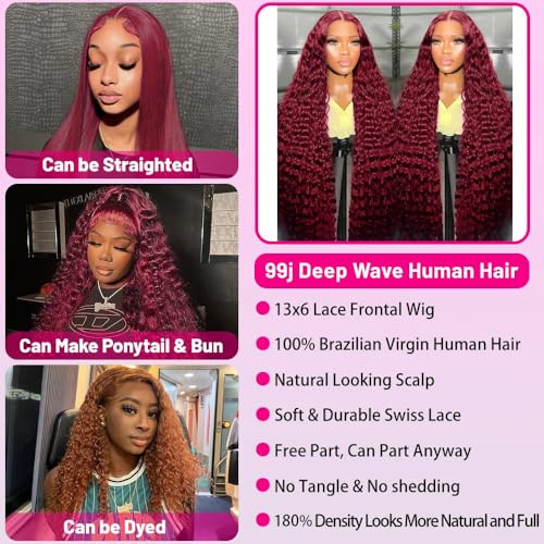 99j Burgundy Wig Human Hair 13x6 Deep Wave Lace Front Wigs Human Hair 180 Density Red Colored Wigs Human Hair for Black Women Burgundy Deep Curly Lace Frontal Wigs (30 Inch)