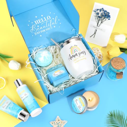 Birthday Gifts for Women, Ocean Scented Relaxing Spa Gift Baskets for Women Mom Her Wife Sister Friends Coworker Employee, Self Care Bath and Body Gift Set for Mother's Day Birthday Inspirational Gift