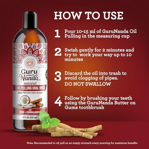 GuruNanda Ashwagandha Oil Pulling Mouthwash, Promotes Calmness, With Neem & Roman Chamomile for Fresh Breath & Happy Gums, Alcohol-Free, With Toothbrush & Tongue Scraper, 8 Oz