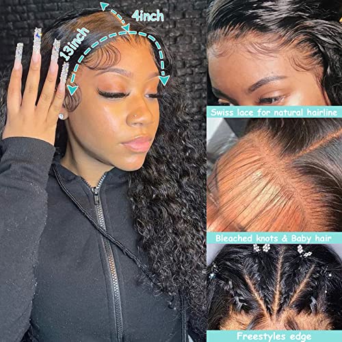 20Inch Deep Wave Lace Front Wigs Human Hair-13x4 HD Transparent Deep Wave Frontal Wigs Human Hair Glueless Curly Wigs for Women 200% Density Curly Lace Front Human Hair Pre Plucked with Baby Hair