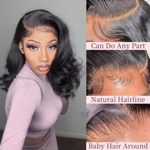 Bob Wig Human Hair 13x4 Frontal Lace Wig 14 Inch Body Wave 180% Density HD Transparent Lace Front Wigs Human Hair Wigs for Black Women Pre Plucked Natural Black