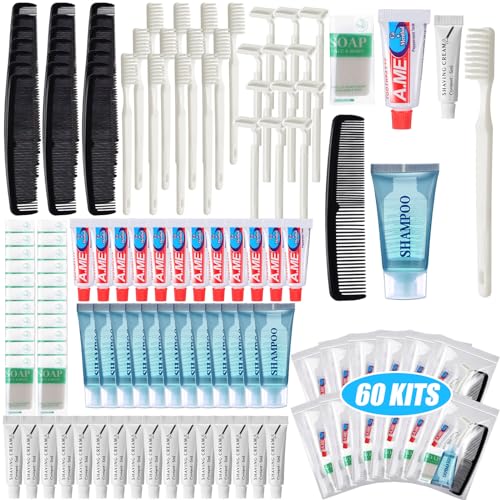 60 Set Travel Convenience Toiletry Kit Bulk Basic Toiletry Kits Travel Size Homeless Personal Hygiene Kit Homeless Care Package Supplies with Reusable Toiletry Bag for Men Charity