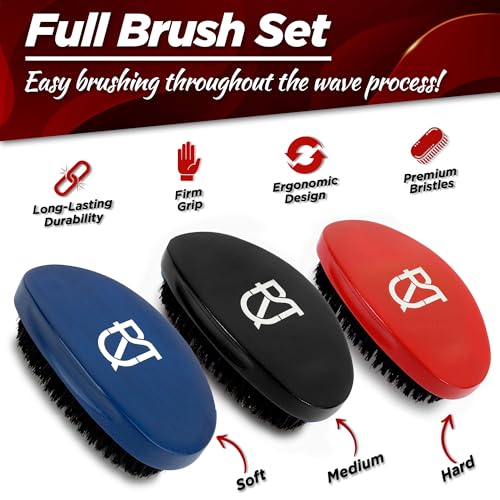 8-in-1 360 Wave Kit for Men - Grooming Kit for 360 Waves - 3 Wave Brushes, Soft, Medium & Hard - 2 Satin Durag, Hand Mirror, Comb, Hair Brush Cleaner - Gift Set, Black