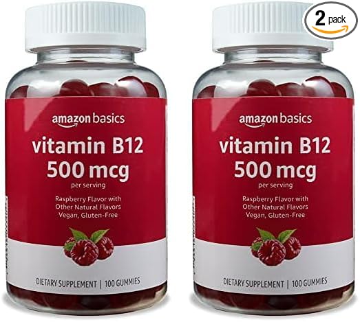 Amazon Basics Vitamin B12 500 mcg Gummies - Normal Energy Production and Metabolism, Immune System Support, Raspberry, 100 Count (2 per Serving) (Previously Solimo) (Pack of 2)