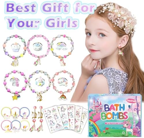 Unicorn Bath Bombs for Girls Kids with Surprise Toys Inside, Kids Bath Bombs Gifts for Girls with Jewelry Toys Inside, Birthday Easter Egg Fillers Christmas Gifts for Easter Basket Stuffers