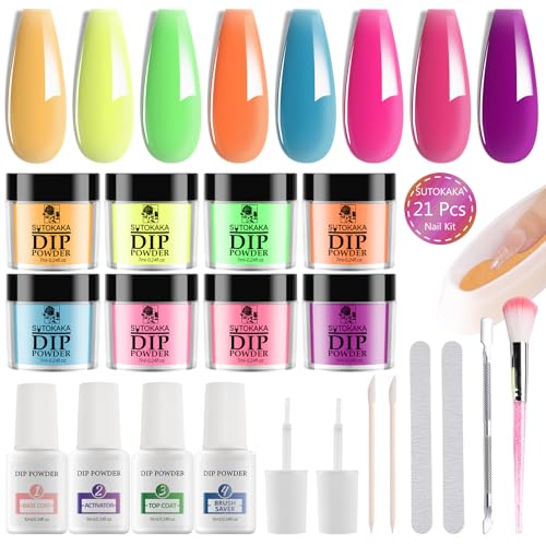 Dip Nail Powder Starter Kit with Recycling Tray System, 8 Colors Bright Neon Pastel Summer Colors Acrylic Powder Nail Design Set Home DIY Accessories 21Pcs