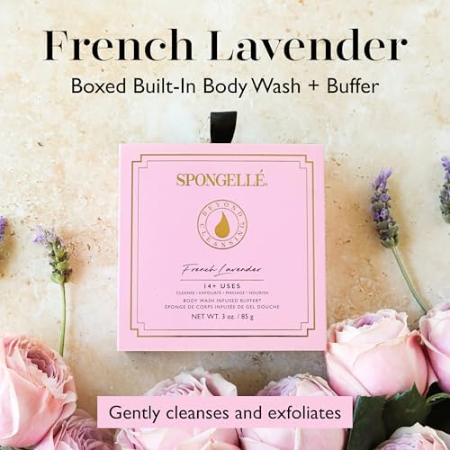 Spongelle French Lavender Wild Flower Buffer Body Scrubber with Box | Bath & Shower Loofah for Women | Exfoliator with Body Wash Infused | 14+ uses