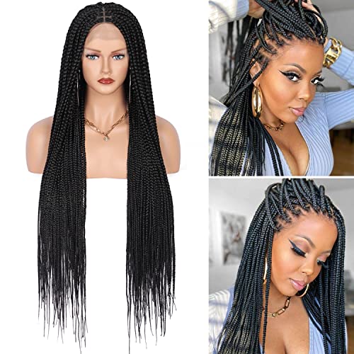 36" Knotless Braided Wigs Lace Front Box Braids Lace Frontal Wig for Women Premium Synthetic Black Hand Full double lace Braid Wig With Baby Hair