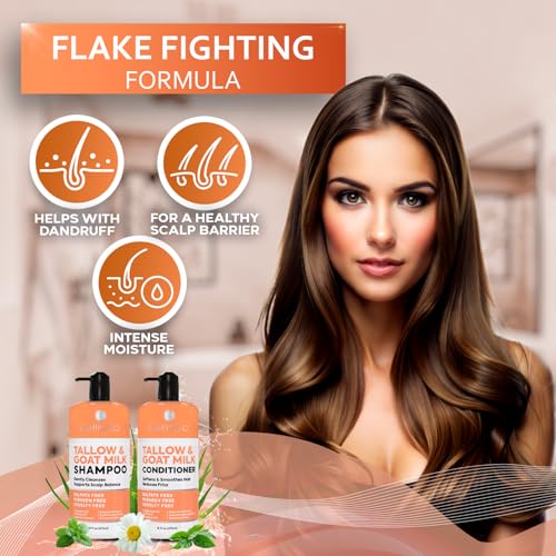 Beef Tallow Shampoo and Conditioner Set with Goat Milk - Sulfate Free Moisture for Women and Men - For Dry, Itchy Scalp - Hydrating, Thickening, Volume Care for Thinning Hair - 16.9 Fl Oz (Pack of 2)