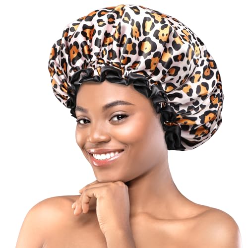 mikimini Leopard Large Shower Caps Pack of 2, Shower Cap for Women Long Hair with Black Lace, Double-layer Waterproof, Reusable, Washable