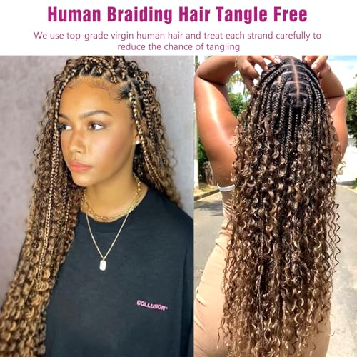 4/27 Honey Blonde Human Braiding Hair Deep Wave Bulk,Highlight No Weft Curly Hair Extensions for Boho Braids Wet and Wavy Braiding Human Hair Bundles(18inch,4/27,100g)