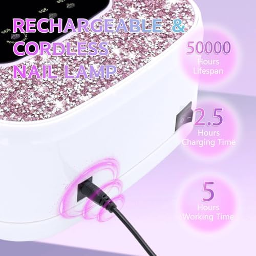 Cordless Nail Lamp 168W Rechargeable UV Light for Gel Nails LED Nail Dryer with 4 Timer Modes Perfect for Salon and Home Use Portable Cordless Design Continuous Use Up to 4-5 Hours