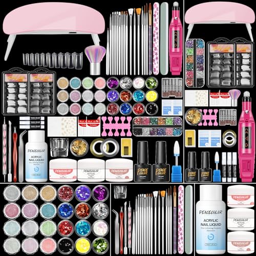 Acrylic Nail Kit with Drill and U V Light, Professional Acrylic Nail Kits with Everything 3PC Powder 24PC Glitter 200Pcs Nail Tips Nails Art Decoration DIY Home Salon
