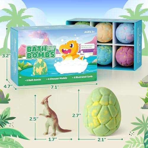 Dino Egg Bath Bombs for Kids with Surprise Inside, 6 Packs Dinosaur Bath Toys Set for Boys,Girls, Bubble Fizzies, Educational Birthday & Christmas Gift Ideas