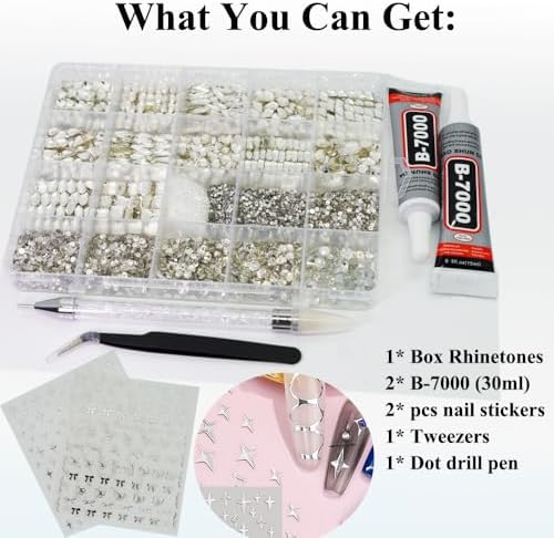 6400Pcs Silver Clear Nail Rhinestones 600Pcs, Multishapes Big Nail Gemstones +5800Pcs 1.5-6.5mm Flat Back Round Crystal Beads with B7000, Nail Decals, Multsize Flat Back Glass Stones for DIY Art