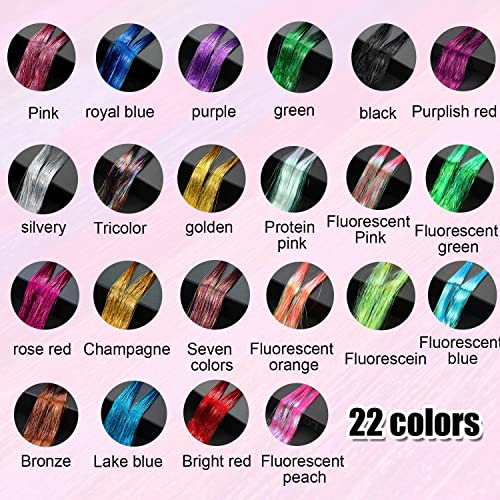 22 Colors 4400 Strands Hair Tinsel Strands Kit 47 Inches Sparkling Party Tinsel Hair Extensions Highlights Multi-Colors Synthetic Hair Streak Bling（22 color/set）